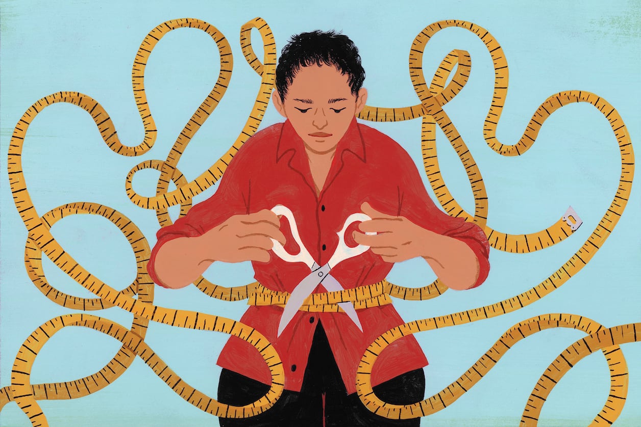An illustration of a person holding a pair of open scissors moving towards a yellow measuring tape that is constricting their waist.